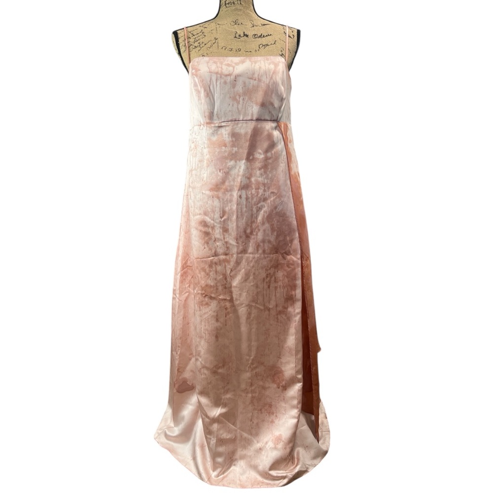 Light pink gown with a tie-dye pattern. 
Size medium/large